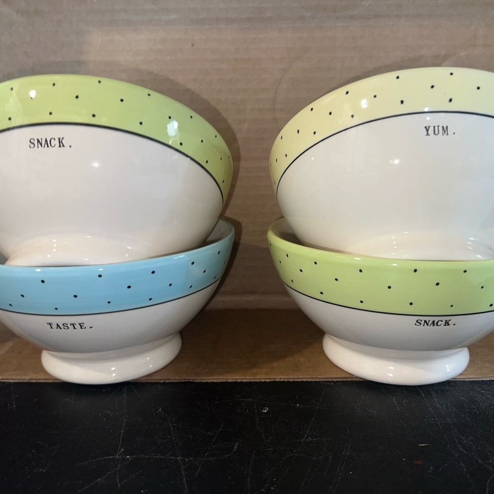 Set of 4 Rae Dunn Polka Dot Snack Bowls in Green and Blue